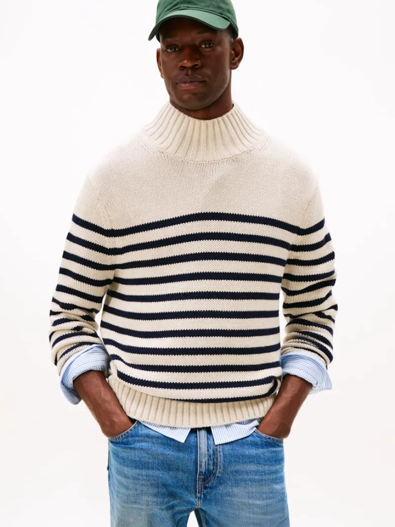 Tommy Hilfiger Pullover & Sweatshirts|Big Boys*BRETON COTTON STRIPE MOCK NECK oatmilk htr-desert sky