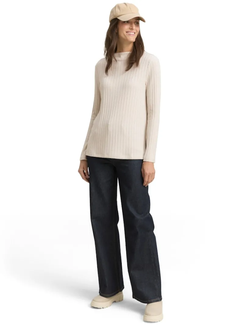 Tom Tailor Shirts*Cosy Langarmshirt mit Stehkragen sand stone beige melange