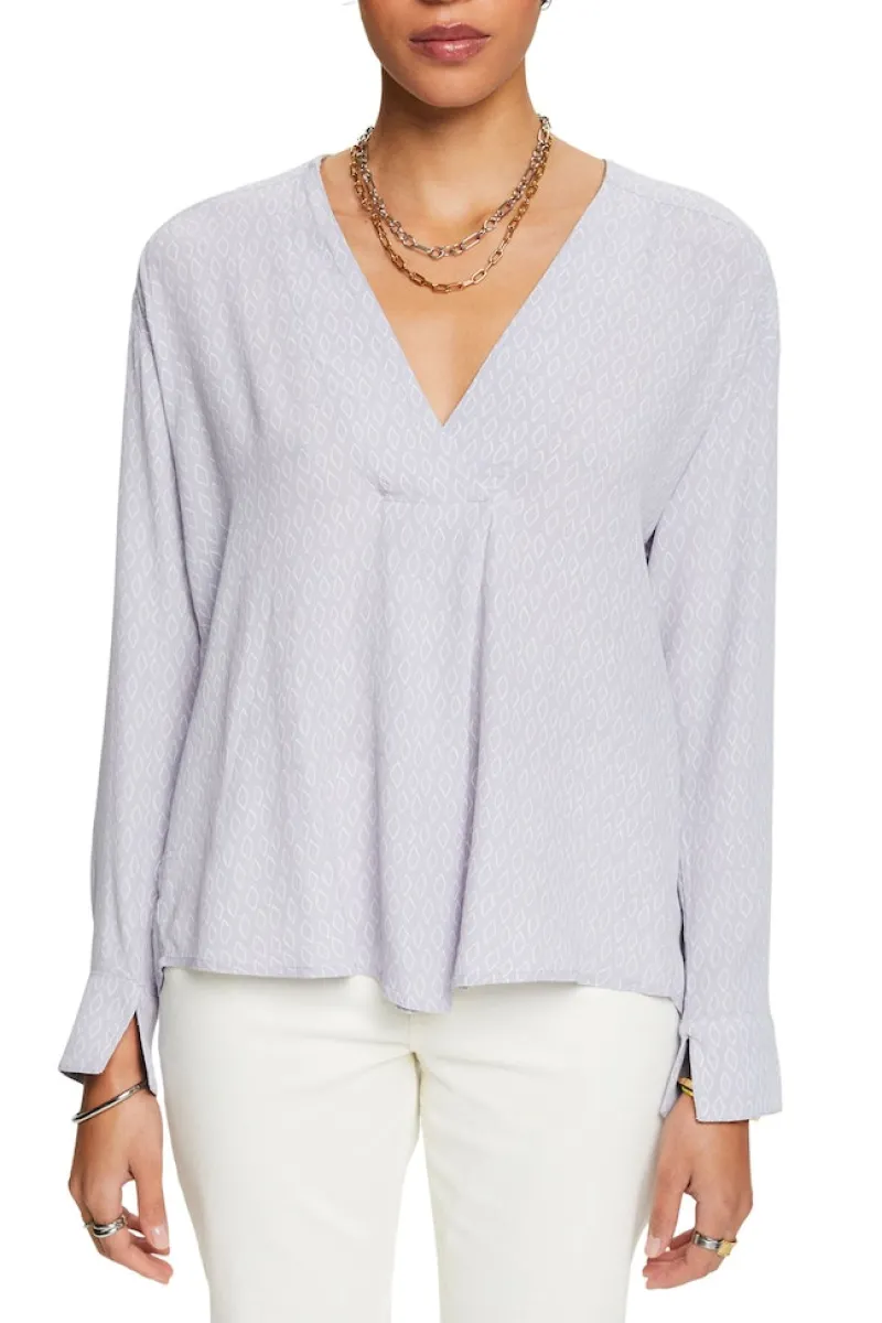 Esprit Blusen*Crêpe-Bluse mit V-Ausschnitt und Print light blue lavender