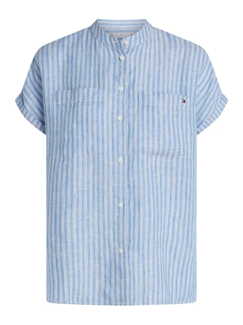 Tommy Hilfiger Blusen*ESS LINEN COLLARLESS S/S BLOUSE multiple stp- blue spell