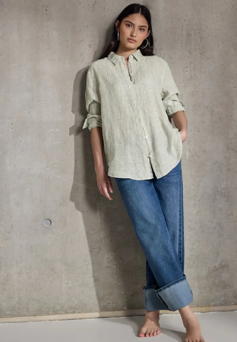 STREET ONE STUDIO Blusen*Gestreifte Leinen-Hemdbluse peridot green