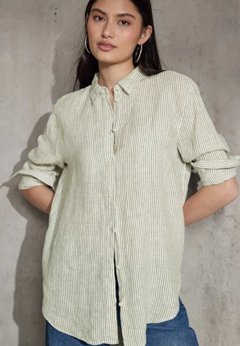 STREET ONE STUDIO Blusen*Gestreifte Leinen-Hemdbluse peridot green