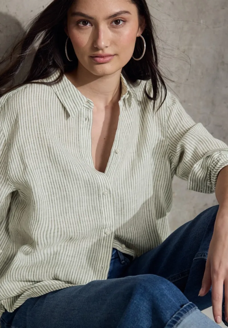 STREET ONE STUDIO Blusen*Gestreifte Leinen-Hemdbluse peridot green