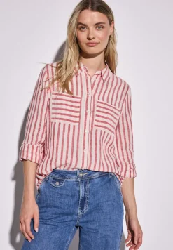 Street One Blusen*Gestreifte Leinen-Hemdbluse glory red