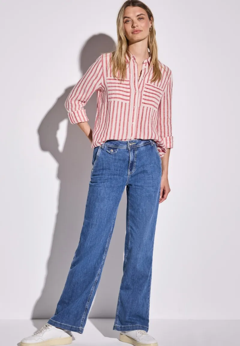 Street One Blusen*Gestreifte Leinen-Hemdbluse glory red