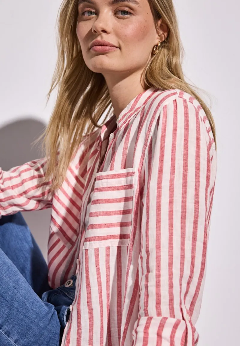 Street One Blusen*Gestreifte Leinen-Hemdbluse glory red