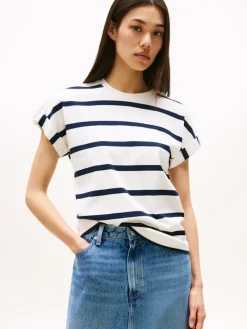 Tommy Hilfiger Shirts*GOLD BUTTON MDRN C-NK SS TEE ivory silk-dark night navy stp