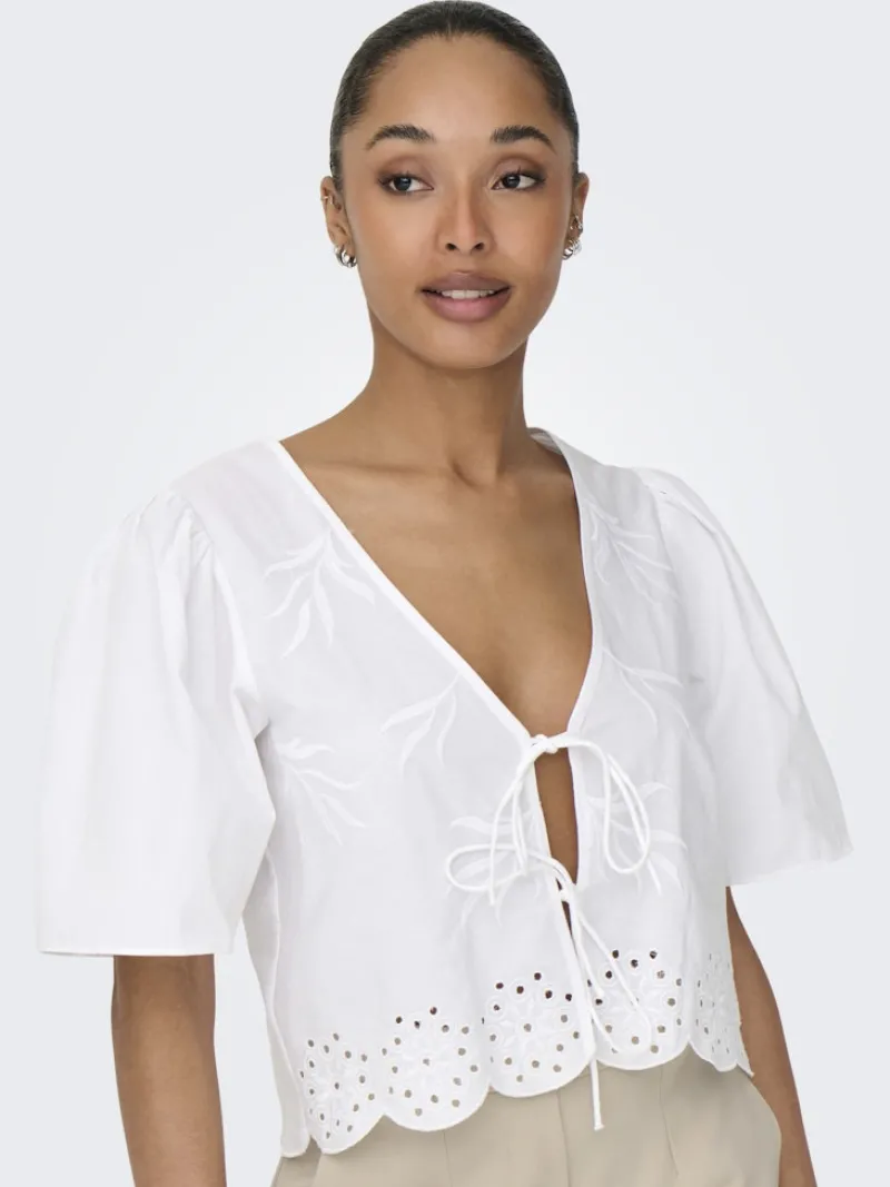 JDY Blusen*ALICE S/S TIE TOP WVN Bright White