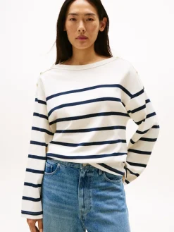 Tommy Hilfiger Shirts*LWK GOLD BUTTON BOAT-NK LS TEE ivory silk-dark night navy stp