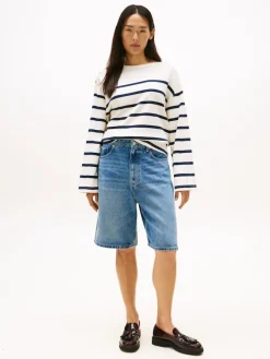 Tommy Hilfiger Shirts*LWK GOLD BUTTON BOAT-NK LS TEE ivory silk-dark night navy stp