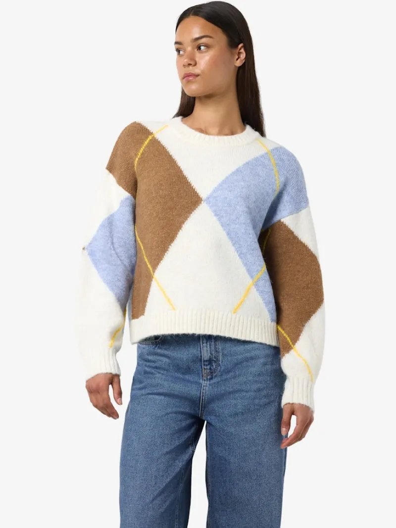 Noisy May Pullover & Sweatshirts*NMARMIE L/S O-NECK ARGYLE KNIT FWD Cloud Dancer