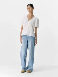 Object Blusen*OBJBITTEN S/S RE V-NECK TOP DIV Cloud Dancer