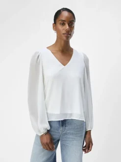Object Blusen*OBJMILA RE L/S V-NECK TOP NOOS Cloud Dancer