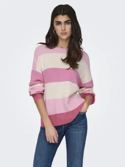 Only Pullover & Sweatshirts*ONLATIA L/S STRIPE PULLOV KNT NOOS pink lady