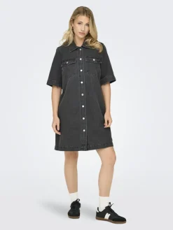 Only Kleider*ONLBELLE S/S BUTTON DRESS DNM GUA NOOS Washed Black