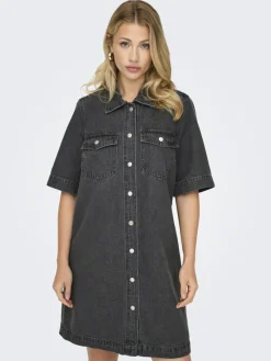 Only Kleider*ONLBELLE S/S BUTTON DRESS DNM GUA NOOS Washed Black
