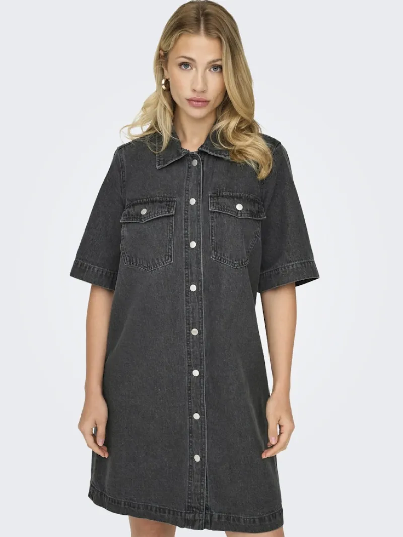Only Kleider*ONLBELLE S/S BUTTON DRESS DNM GUA NOOS Washed Black