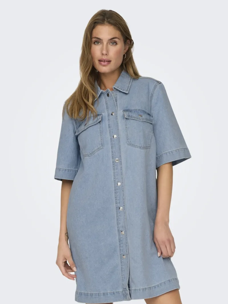 Only Kleider*ONLBELLE S/S BUTTON DRESS DNM GUA NOOS Light Blue Denim