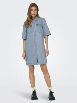 Only Kleider*ONLBELLE S/S BUTTON DRESS DNM GUA NOOS Light Blue Denim