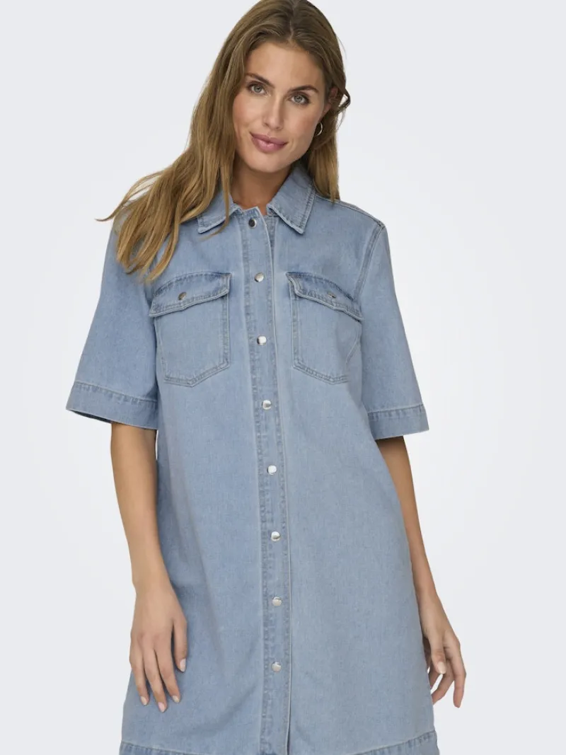 Only Kleider*ONLBELLE S/S BUTTON DRESS DNM GUA NOOS Light Blue Denim