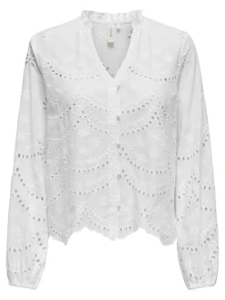 Only Blusen*ONLBINE LALISA LS V-NECK EMB TOP WVN Bright White