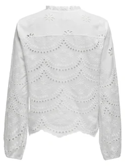 Only Blusen*ONLBINE LALISA LS V-NECK EMB TOP WVN Bright White