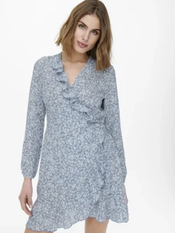 Only Kleider*ONLCARLY L/S WRAP SHORT DRESS NOOS WVN Cashmere Blue