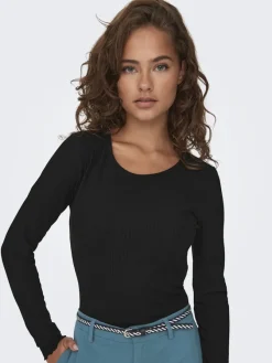 Only Shirts*ONLEMMA L/S O-NECK SHORT TOP NOOS JRS Black
