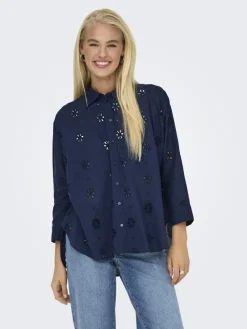 Only Blusen*ONLNEW LINA GRACE LS BROD ANGL SHIRT WVN Black Iris