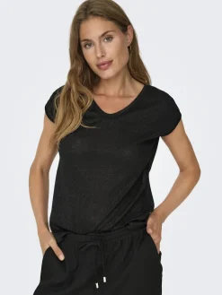 Only Shirts*ONLSILVERY S/S V NECK LUREX TOP JRS NOOS black1