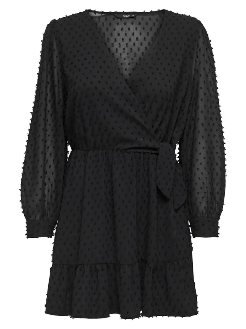 Only Kleider*ONLTIVA L/S DOBBY WRAP DRESS NOOS WVN Black