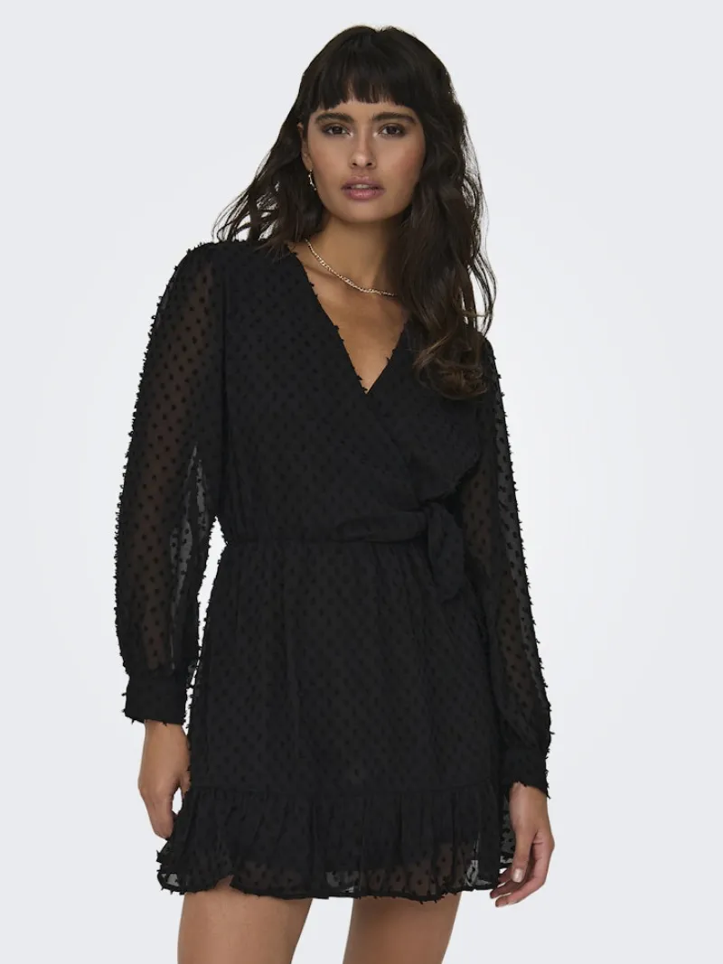 Only Kleider*ONLTIVA L/S DOBBY WRAP DRESS NOOS WVN Black