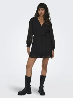 Only Kleider*ONLTIVA L/S DOBBY WRAP DRESS NOOS WVN Black