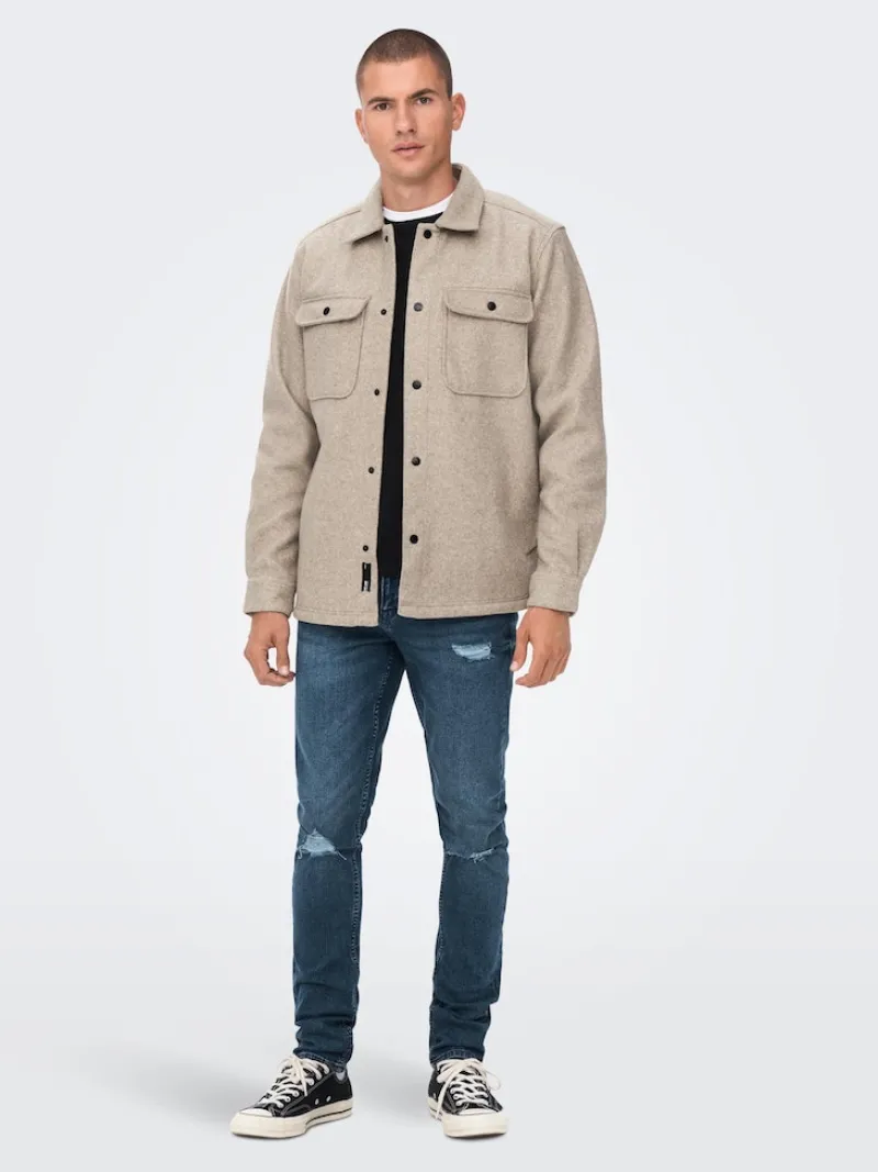 Only & Sons Hemden*ONSASH OVR WOOLEN LOOK PKT LS SHIRT NOOS chinchilla