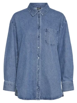 Pieces Blusen*PCMAISIE LS DENIM SHIRT NOOS BC Medium Blue Denim