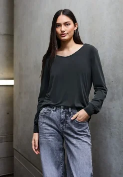 STREET ONE STUDIO Shirts*Silk-Look V-Neck Shirt Black
