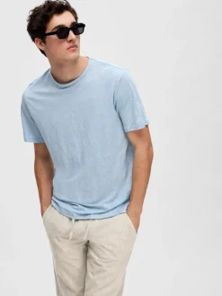 Selected Shirts*SLHBET LINEN SS O-NECK TEE Cashmere Blue