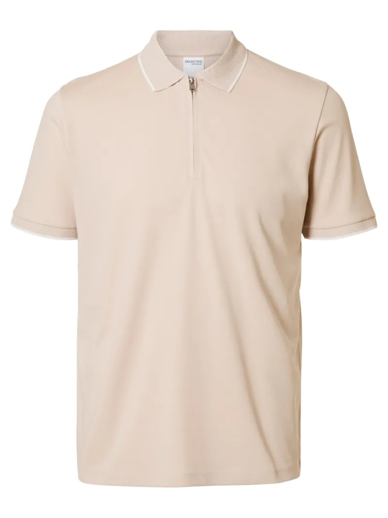Selected Shirts*SLHFAVE SPORT ZIP SS POLO NOOS oatmeal