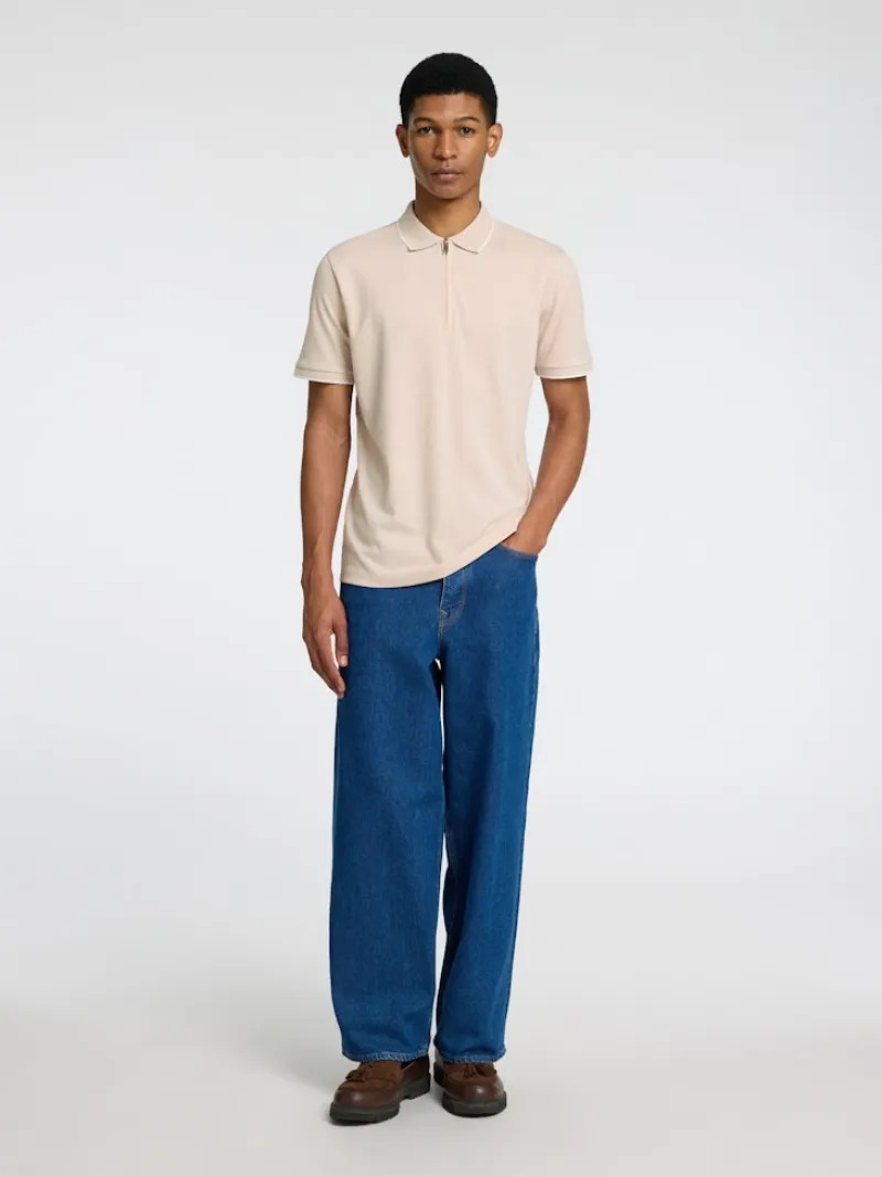 Selected Shirts*SLHFAVE SPORT ZIP SS POLO NOOS oatmeal