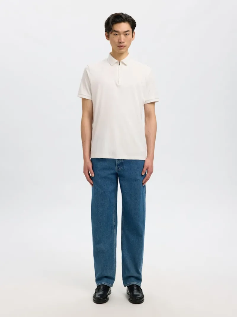 Selected Shirts*SLHFAVE ZIP SS POLO NOOS Cloud Dancer