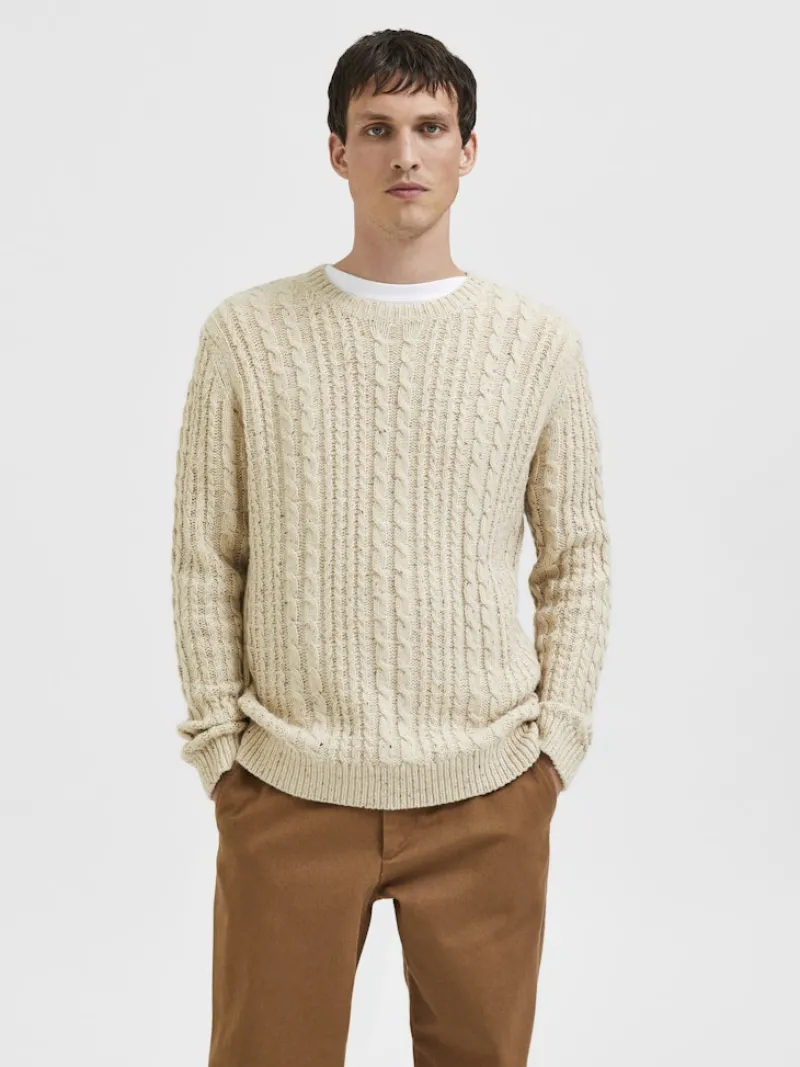Selected Pullover & Sweatshirts*SLHHENRY LS KNIT CABLE CREW NECK W oatmeal