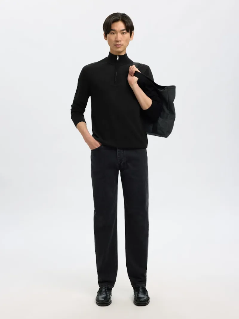 Selected Pullover & Sweatshirts*SLHTRAY LS KNIT MERINO HALF ZIP NOOS Black