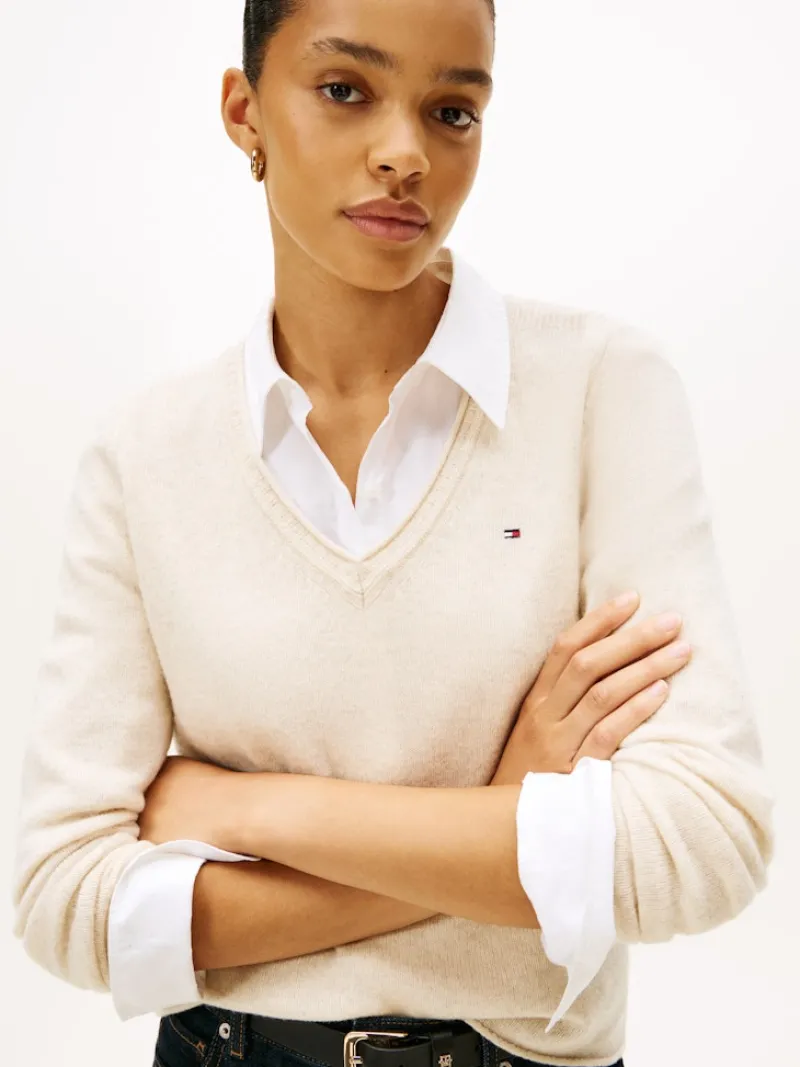 Tommy Hilfiger Pullover & Sweatshirts*SOFT WOOL V-NK LS SWEATER heather oatmilk