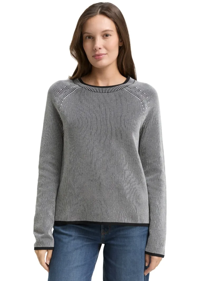 Tom Tailor Pullover & Sweatshirts*Strickpullover mit Rundhalsausschnitt black white plaited knit