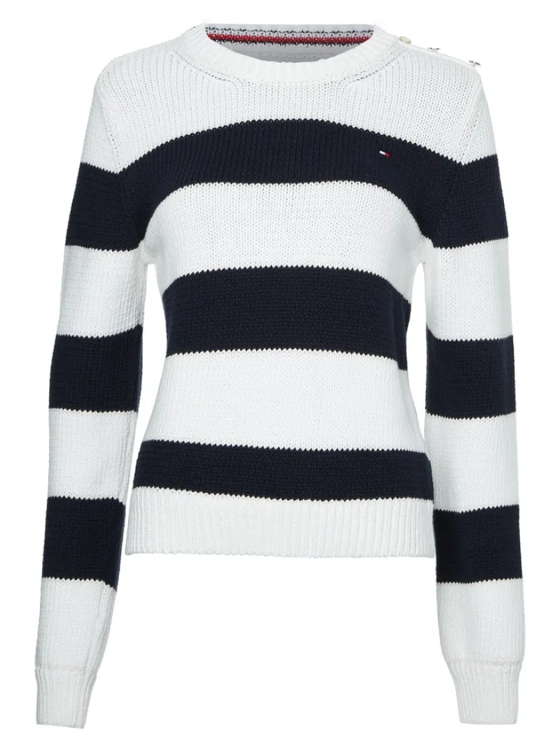 Tommy Hilfiger Pullover & Sweatshirts*STRIPED BUTTON C-NK SWEATER rugby stp horizontal - d sky ecru