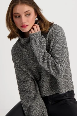 Monari Pullover & Sweatshirts*Sweatshirt mit Fischgrat-Muster schwarz gemustert