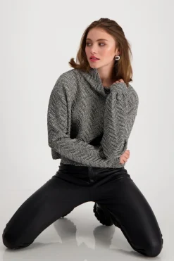 Monari Pullover & Sweatshirts*Sweatshirt mit Fischgrat-Muster schwarz gemustert