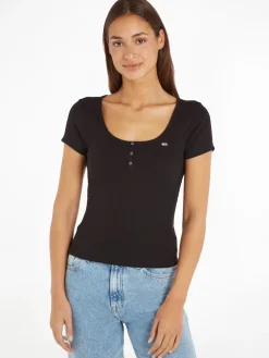 Tommy Jeans Shirts*TJW BBY BUTTON RIB C-NECK Black