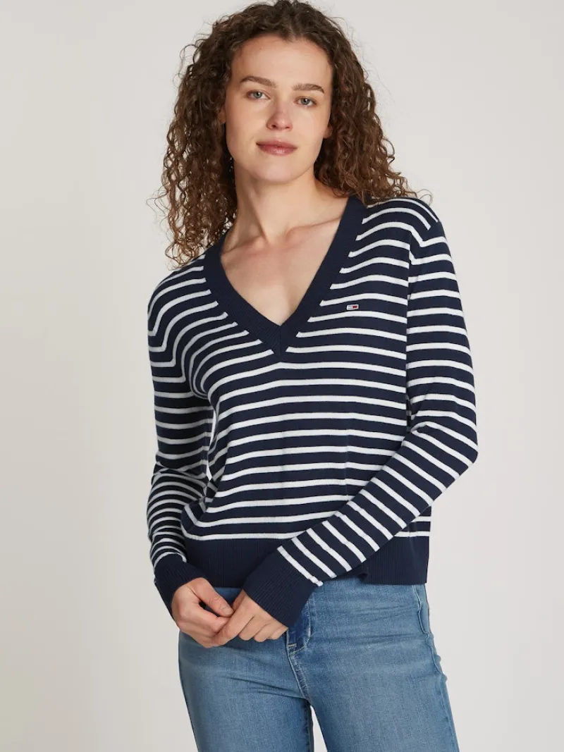 Tommy Jeans Pullover & Sweatshirts*TJW ESSENTIAL VNECK SWEATER EXT navy - white stripe