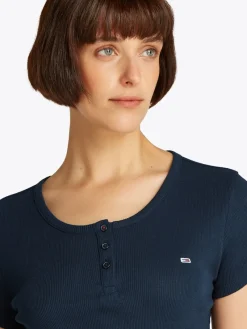 Tommy Jeans Shirts*TJW SLIM BUTTON RIB C-NECK SS dark night navy